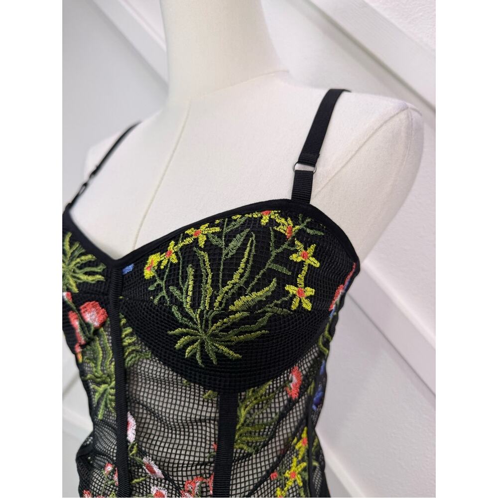 Allen Schwartz Embroidered Floral Mesh Corset Bodysuit Black Size 4 Sheer - Picture 3 of 9